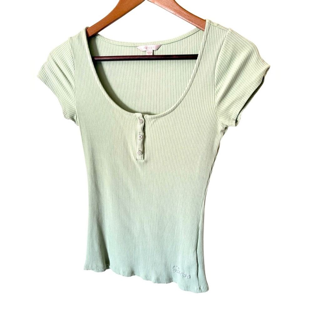 Guess women's top tshirt short sleeves light green with bling crystals size S